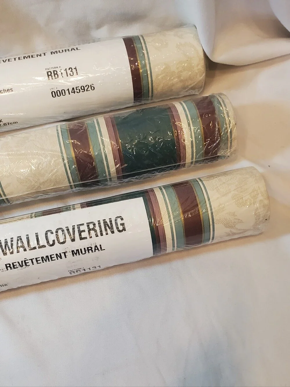 Shelbourne Vtg Striped Green Cream Wallpaper Double Roll 56.37 Sq Ft, Lot Of 3